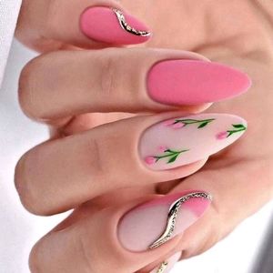24 pcs. Long Almond Pink Flower Press On Nails